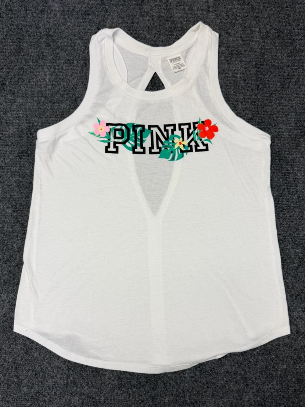 PINK Victoria's Secret White Floral Logo Racerback Tank